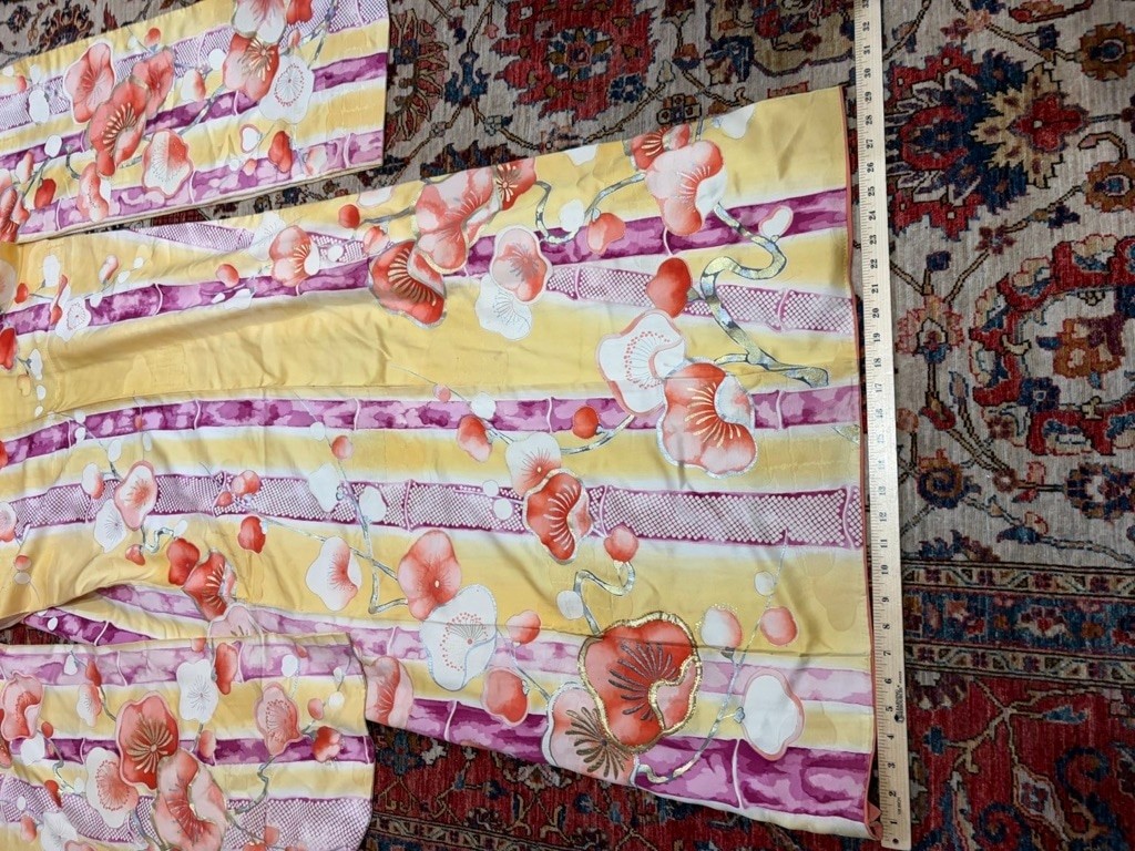 Vintage Mitsukoshi Silk Kimono Yellow Floral Gold Handpainted Long Robe Japan