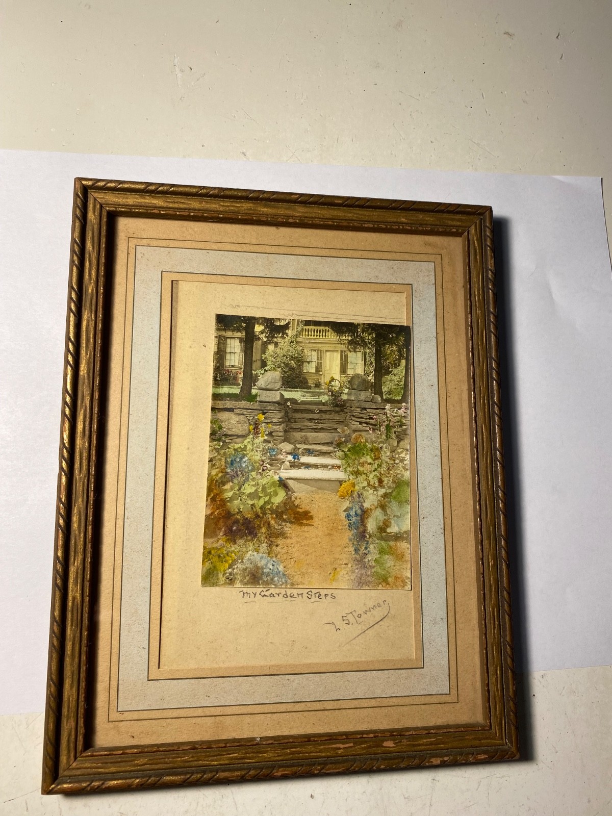 Vintage Hand Colored Photo In Frame My Garden Steps By L. S. Towner Signed