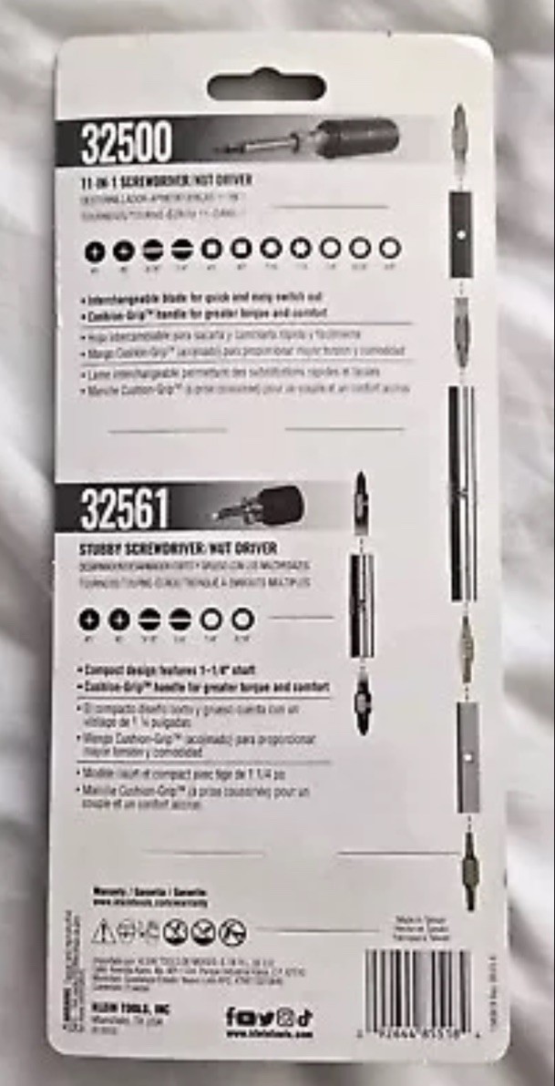 Klein Tools 85518 Multi-Bit Screwdriver/Nut Driver Set 32500 11 In 1 32561 Stub