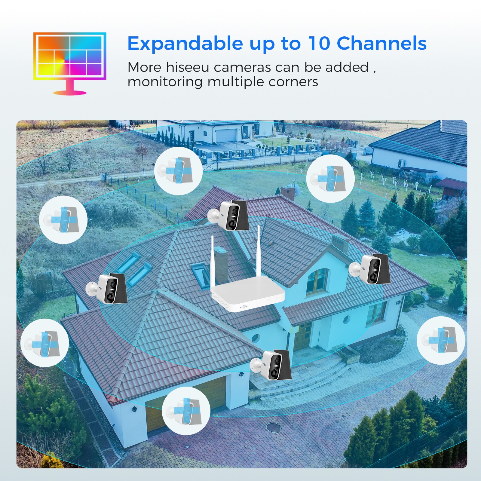 Hiseeu 10CH Solar Battery Powered 4MP Wireless Security Camera System 2Way Audio