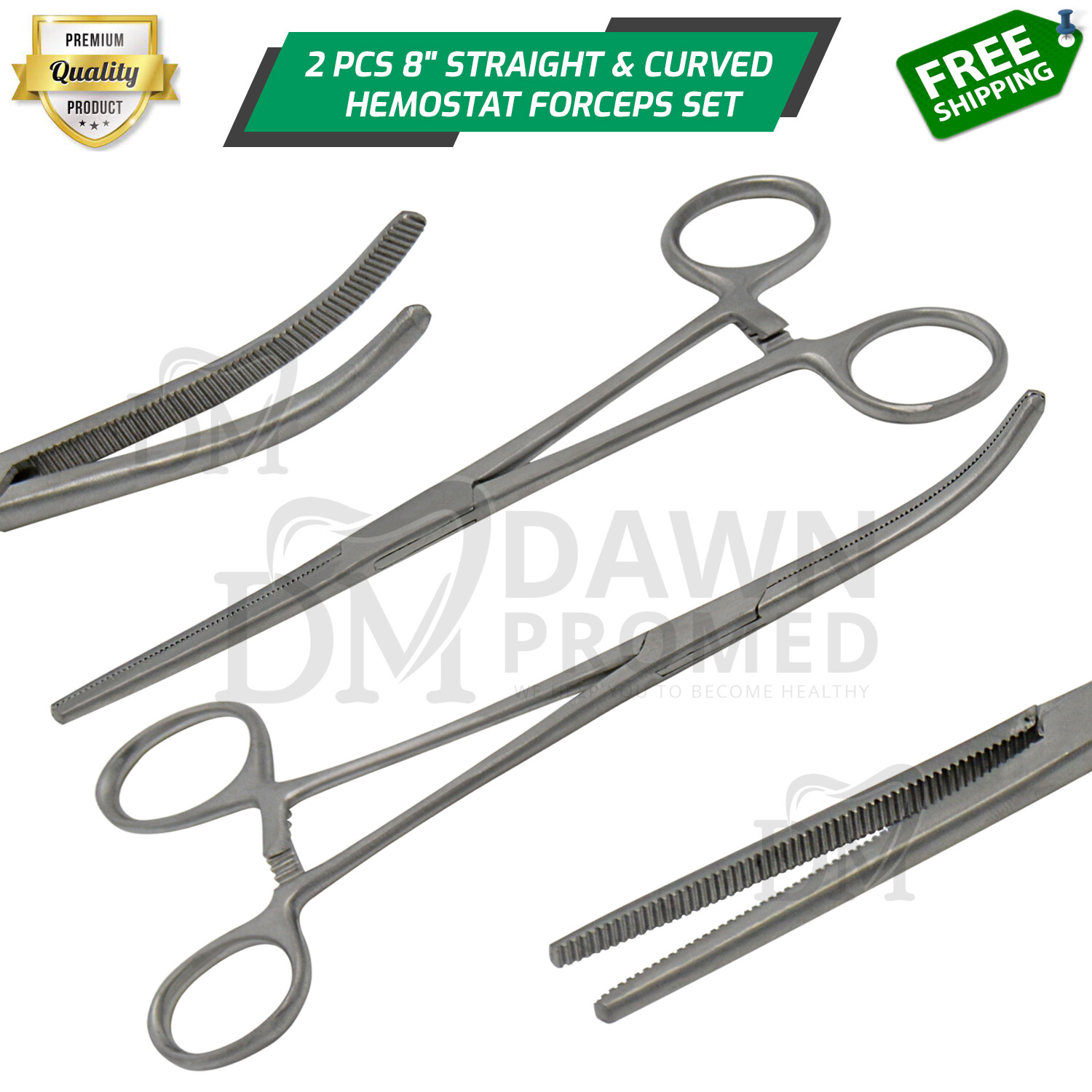 2pc Set 8" Straight & Curved Hemostat Forceps Locking Clamps Set German Grade
