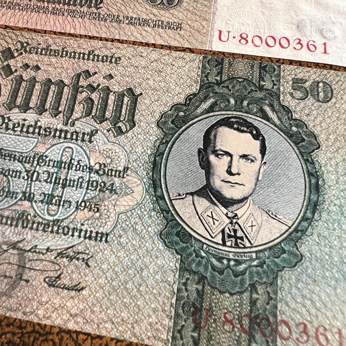 1945 Germany 5 3rd Reich set of Reichsmark banknotes. Hitler, Goebbels, Goering.