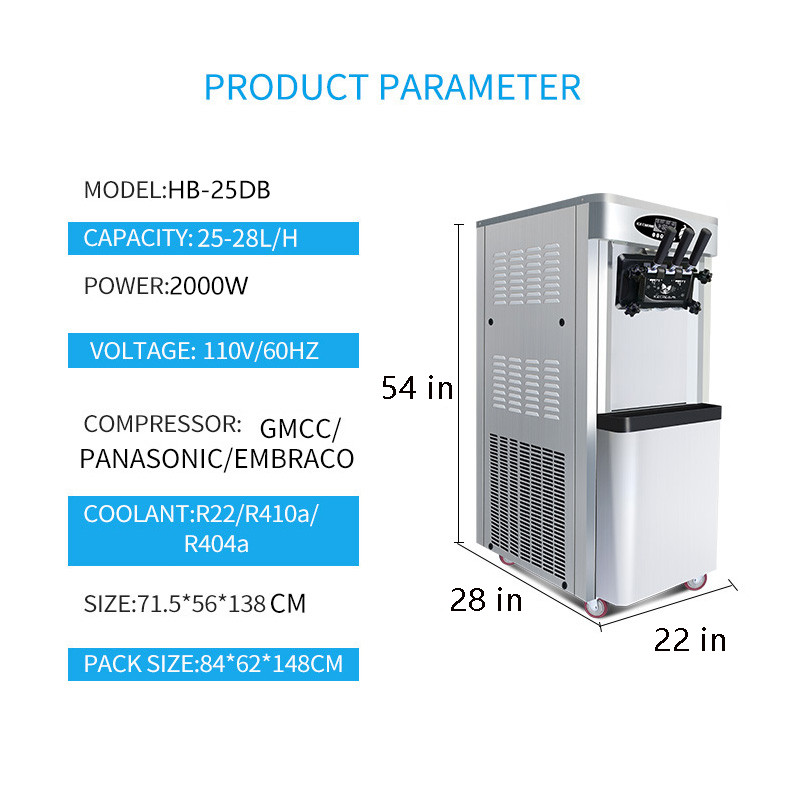 Commercial Soft Serve Ice Cream Machine Yogurt Maker 25-30 L/H Yield 3-Flavor