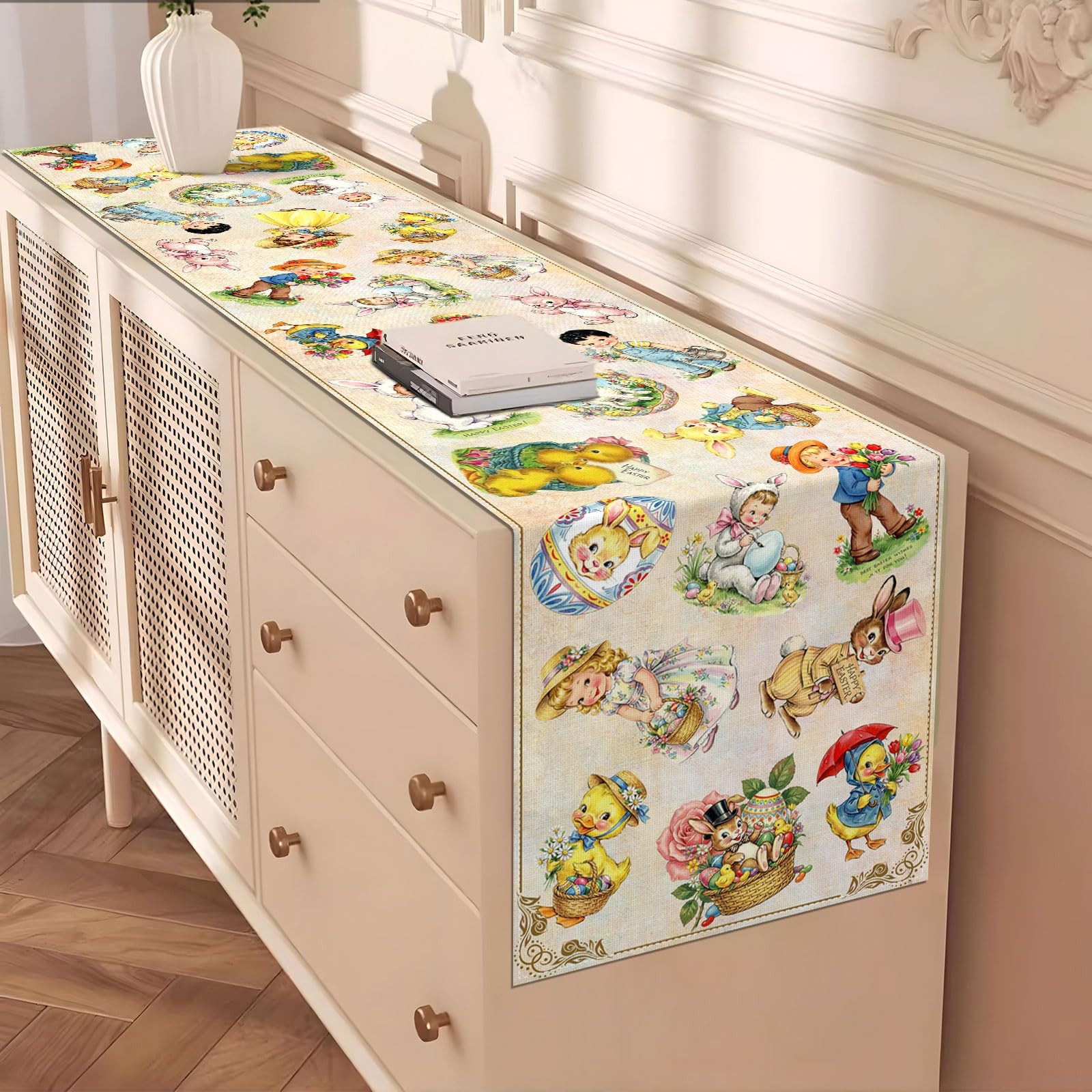 Vintage Easter Table Runner Spring Retro Bunny Duck Children's Baby Shower Party