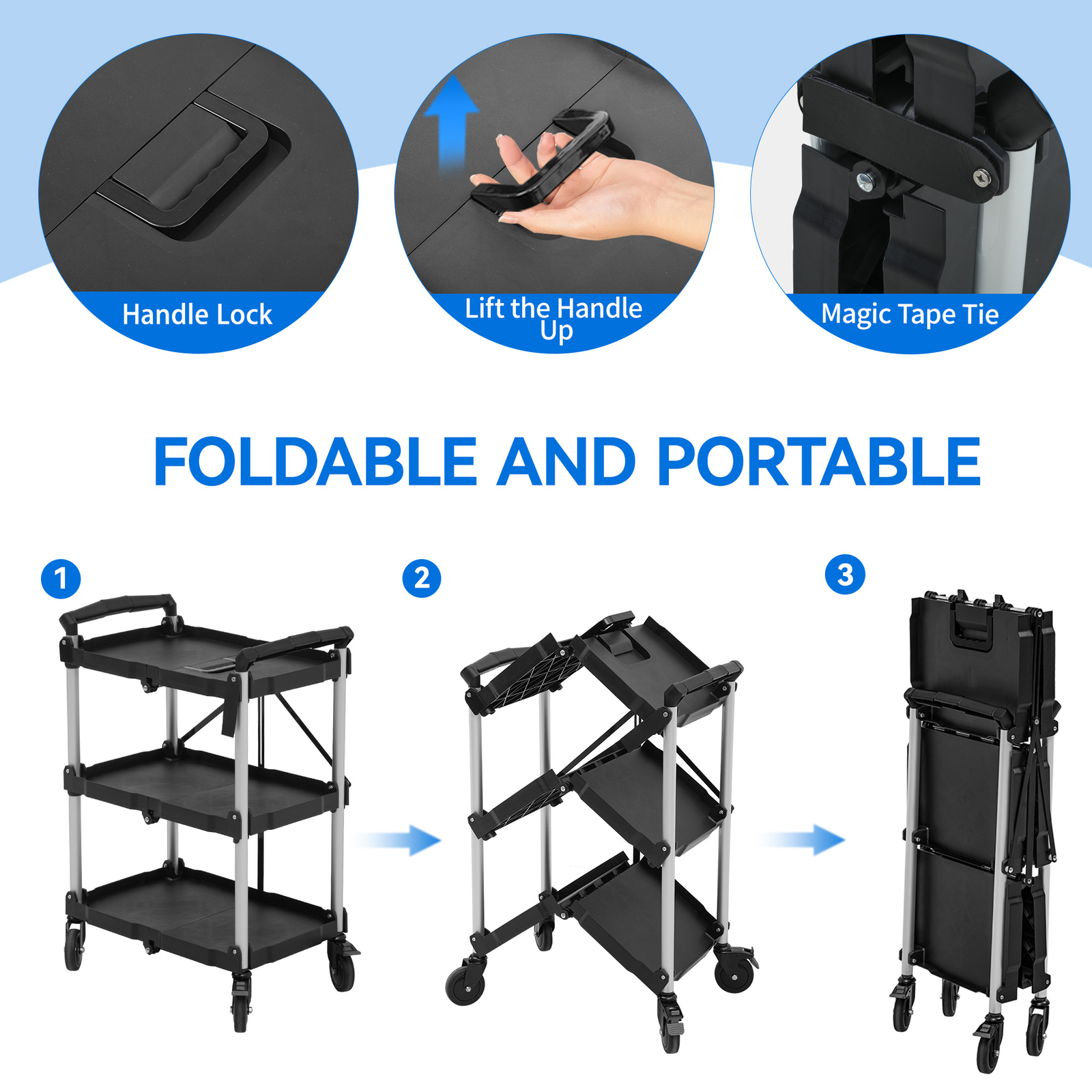 Foldable Utility Service Cart 3 Shelf 350LBS Portable Rolling Collapsible Cart