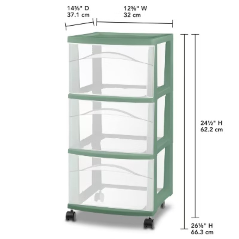 3 Drawer Medium Cart Versatile Green Outside Dimensions:14 5/8"x12 5/8" x24 1/2"