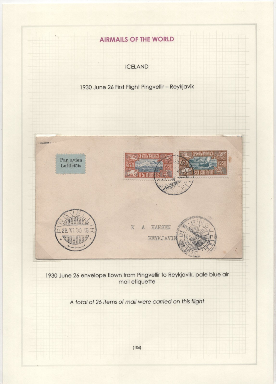 ICELAND 1930 FIRST FLIGHT PINGUELLIR TO REYKJAVIK FRANKED SCOTT #C4-C5
