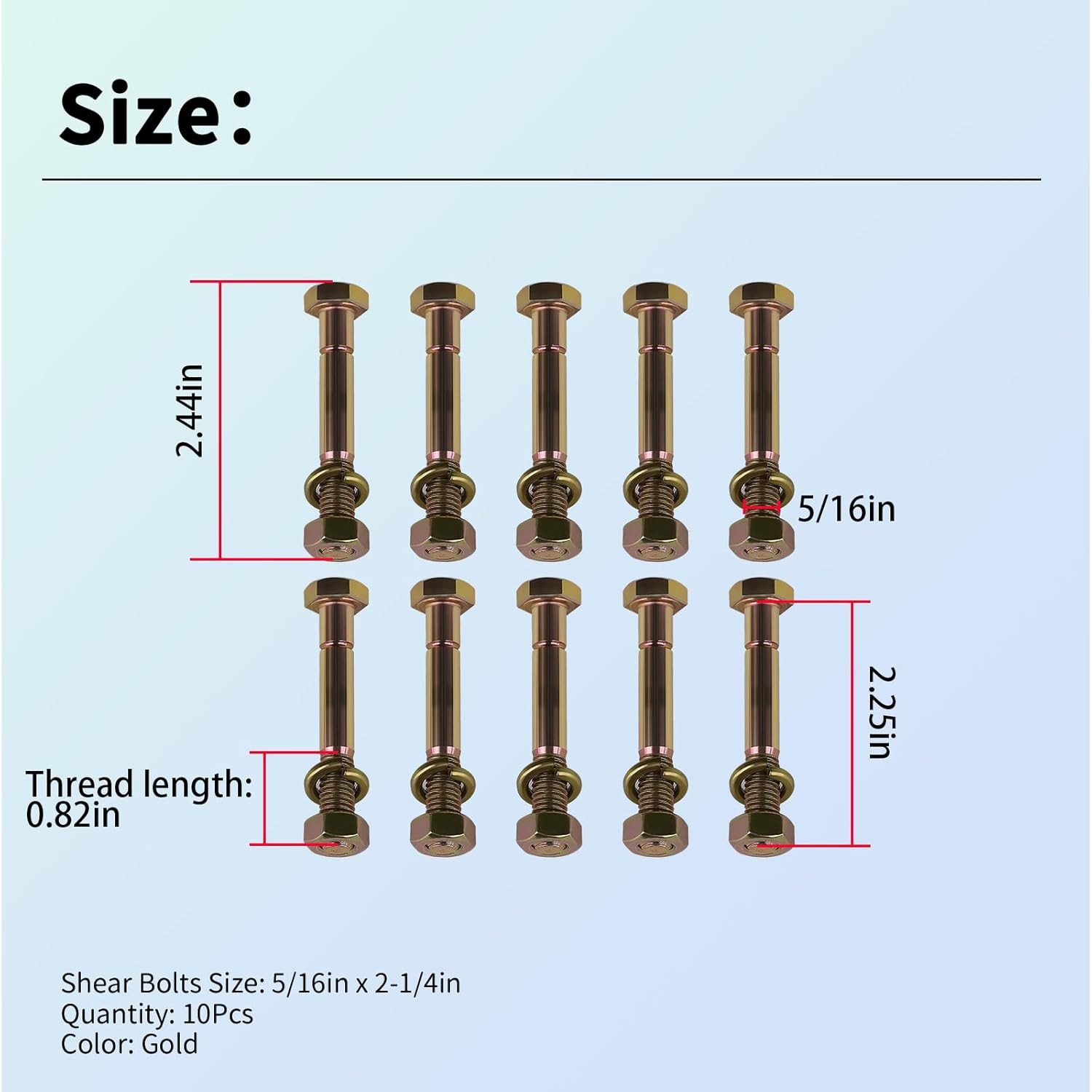 10 x 70060-02808 Shear Bolts Fits Kubota BX2750 Snowblower 5/16inx2-1/4in Gold