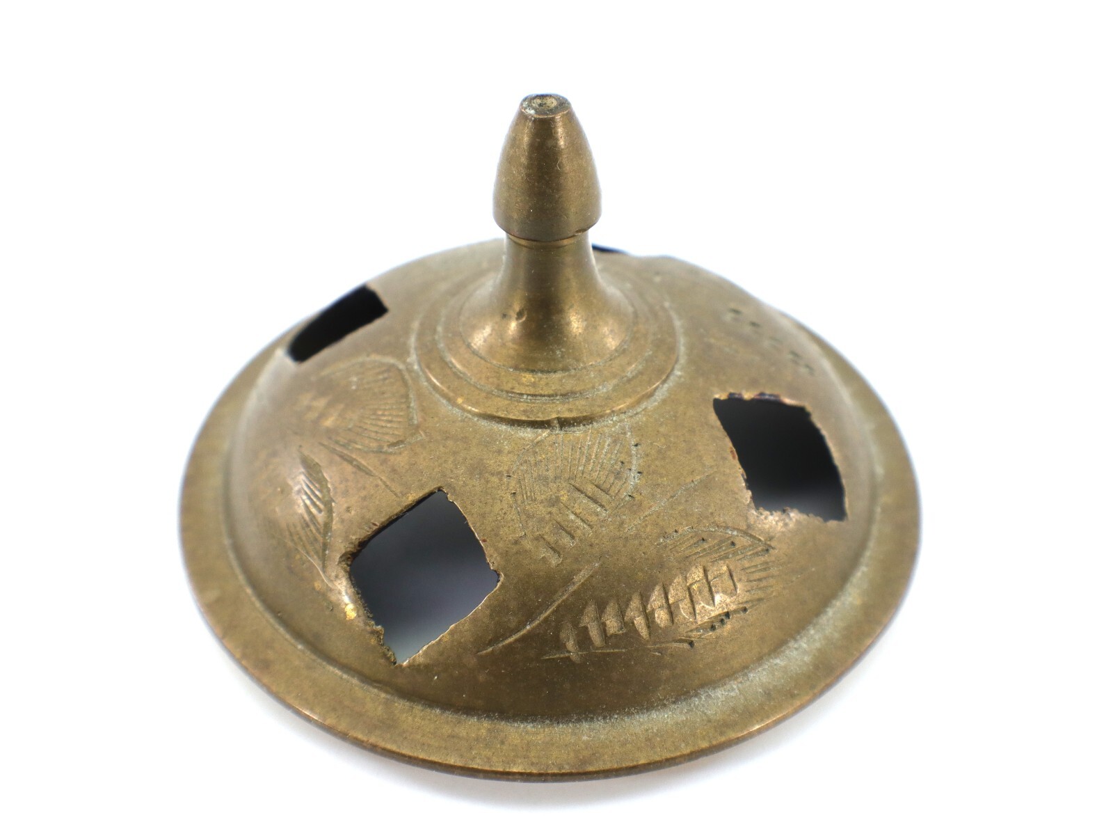 Brass INCENSE BURNER 2-Piece Lid 3 ½” Tall Etched Leaf India
