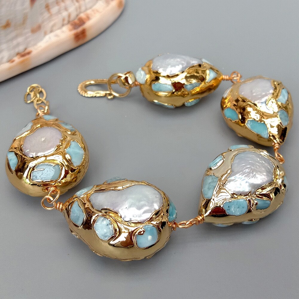 9" Freshwater White Pearl Teardrop Shape Blue larimar Gold Plated Bracelat