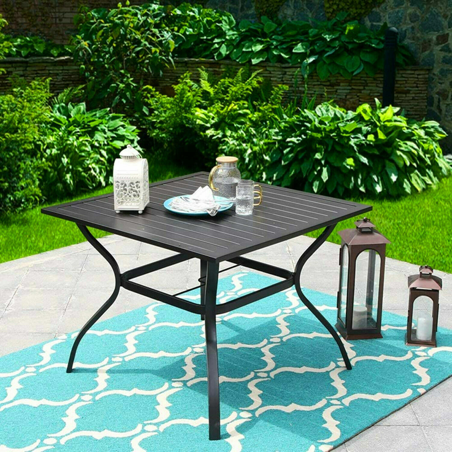 Outdoor Dining Table with Umbrella Hole Metal Patio Table Square for 4 Person US