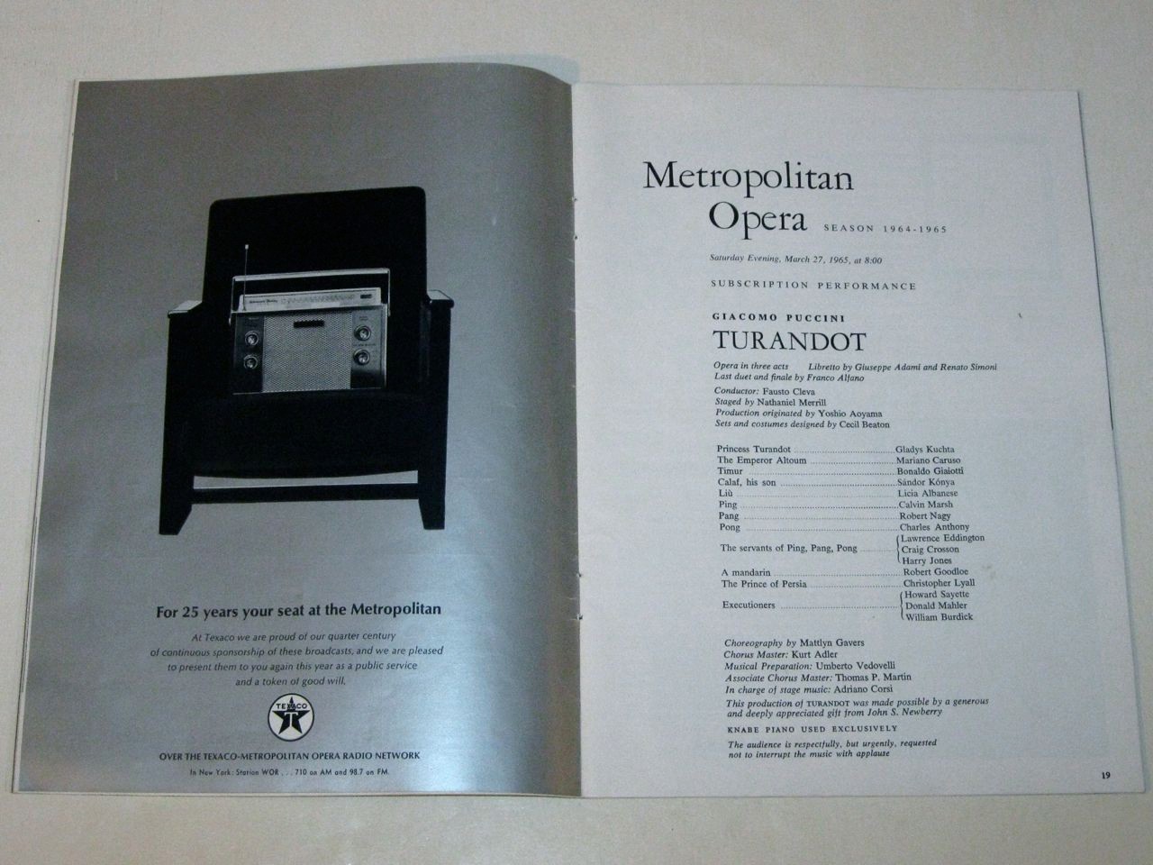 Rare 1965 Puccini TURANDOT Metropolitan Opera LINCOLN CENTER Program & Tickets!