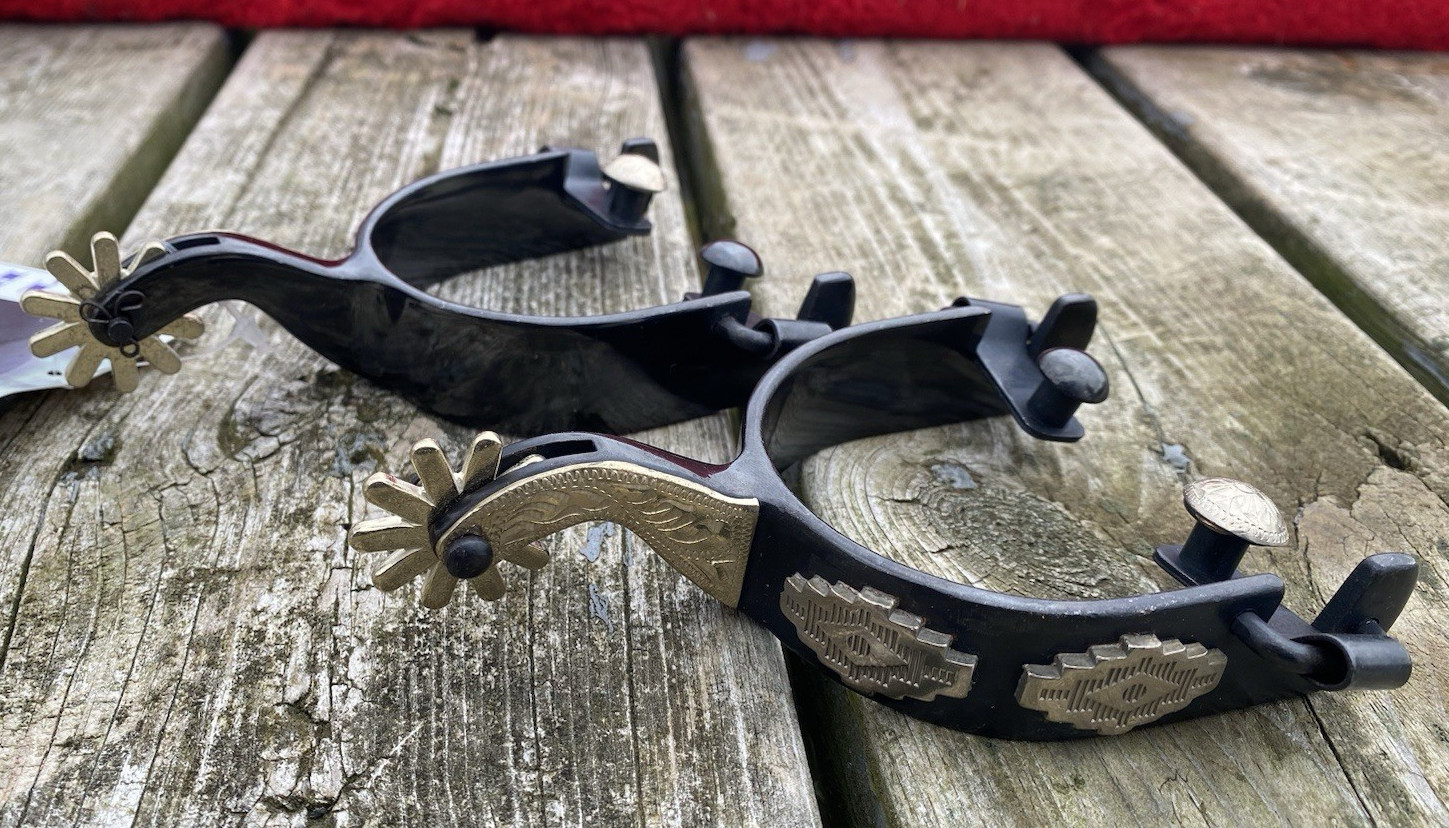 Men's Partrade/Metalab Black Western spurs w/German silver Aztec trim