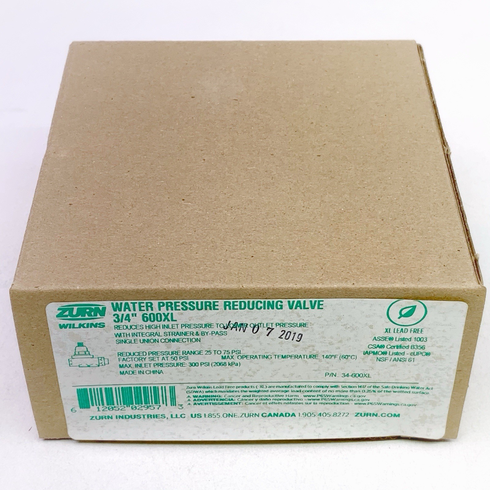 Zurn Wilkins 34-600XL 3/4" 600XLPressure Reducing Valve 0.75 Inch Lead Free NEW
