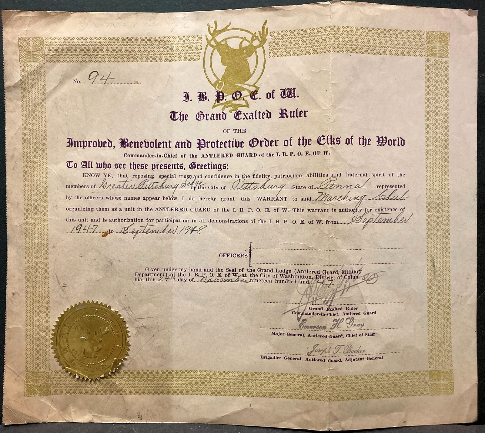 Vintage Pittsburgh~1947 African American Fraternal Certificate~Elks~IBPOE of W