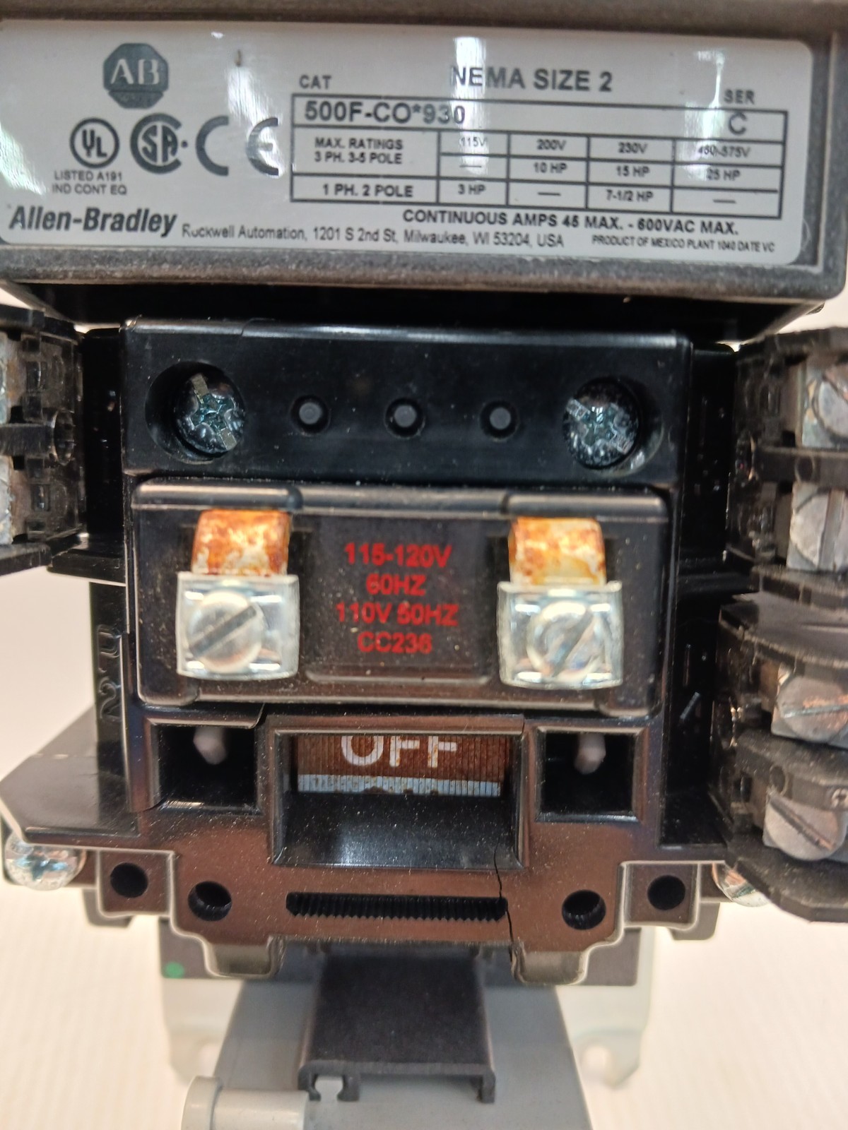 New Allen Bradley 500F-CO*930 Size 2 Motor Starter with 592-EECC Overload Relay