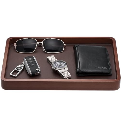 Wooden Valet Tray for Men, Wood Catch-All EDC Organizer, Dark Brown