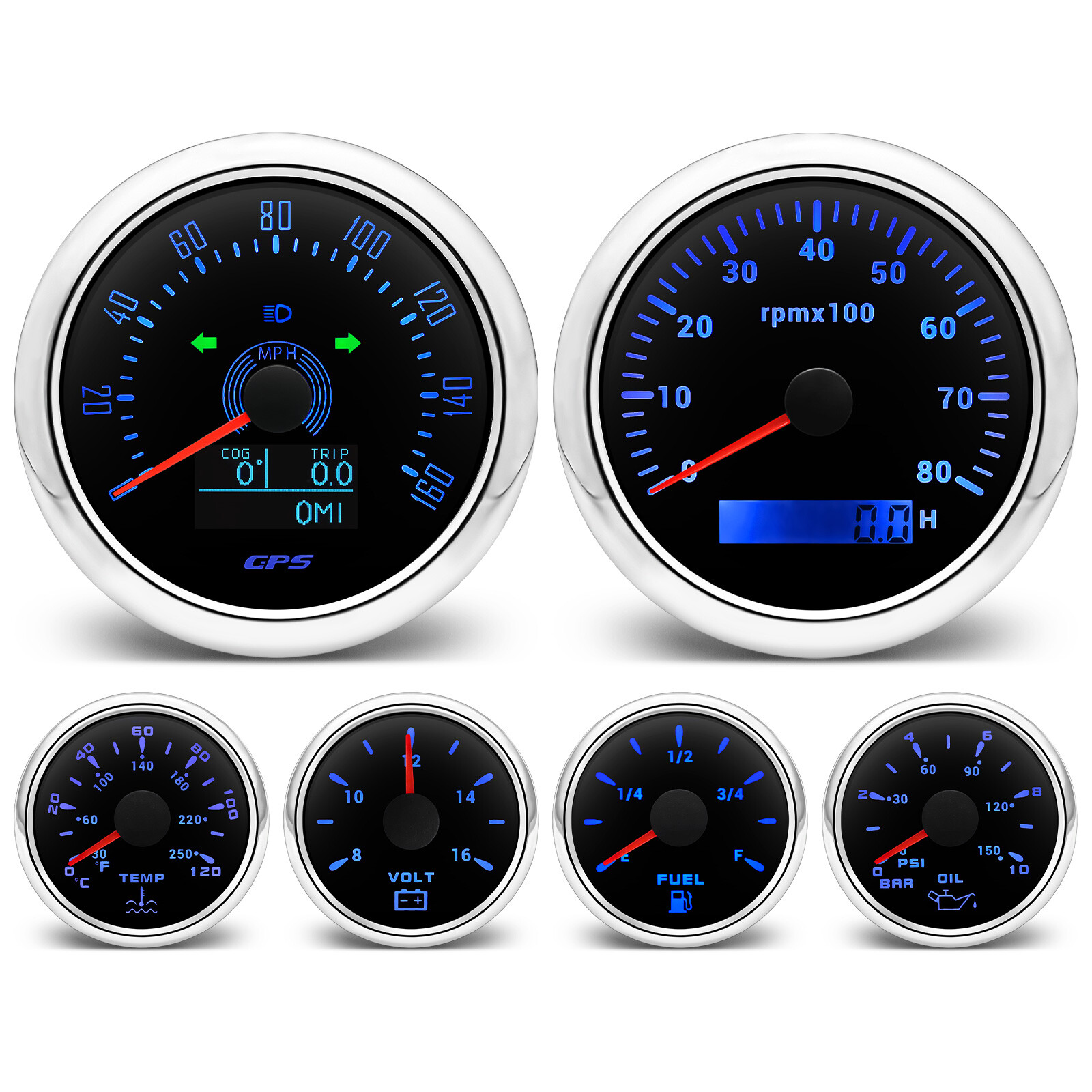 6 Gauge Set 85mm GPS Speedometer 160MPH Tacho&52mm Fuel/Oil/Temp/Volt Gauge US