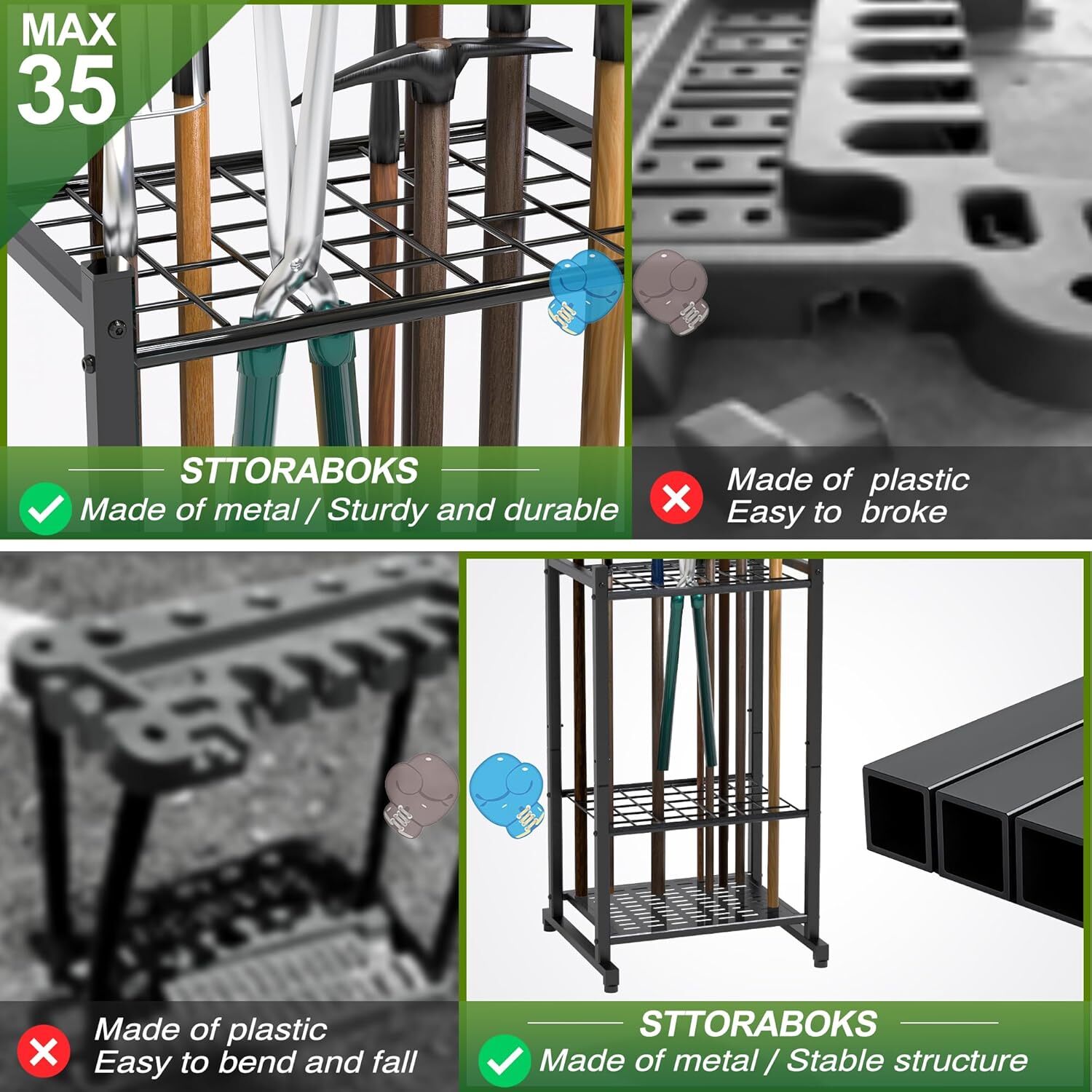 Yard Tool Tower Rack for Garage Organization and Storage, Holds Up to 35 Black