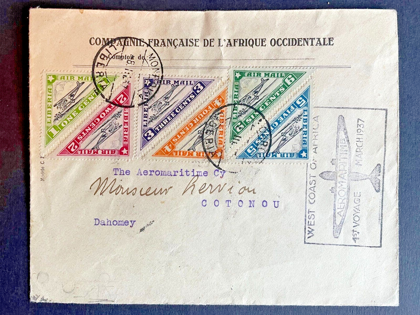 LIBERIA 1937 First Flight cover Monrovia to Cotonou Dahomey