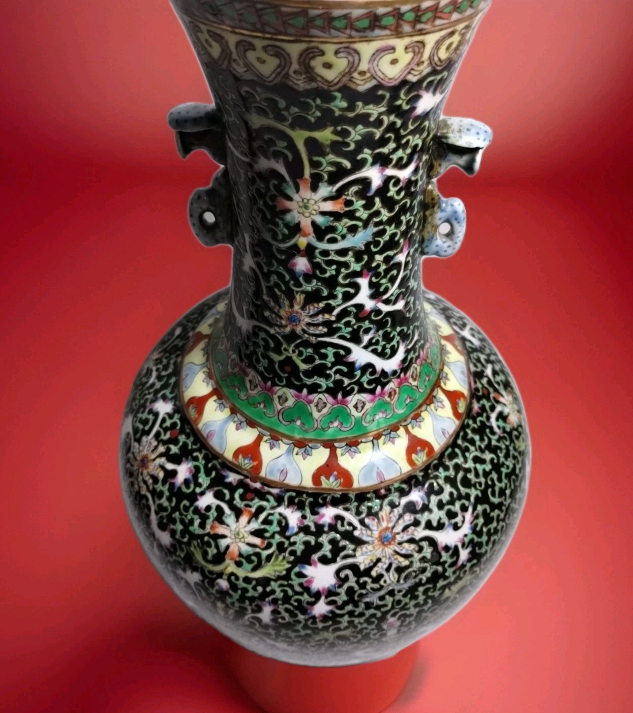 CHINESE BLACK PORCELAIN VASE 14" FLORAL FAMILLE NOIRE STYLE