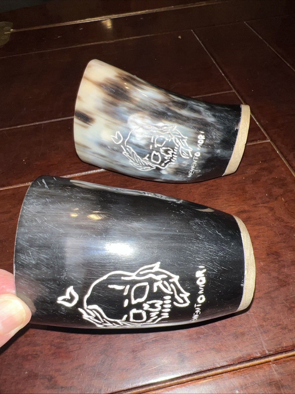 Set Of 2 Natural Medieval Viking Dining Ram Horn Drinking Cup Memento Mori Skull