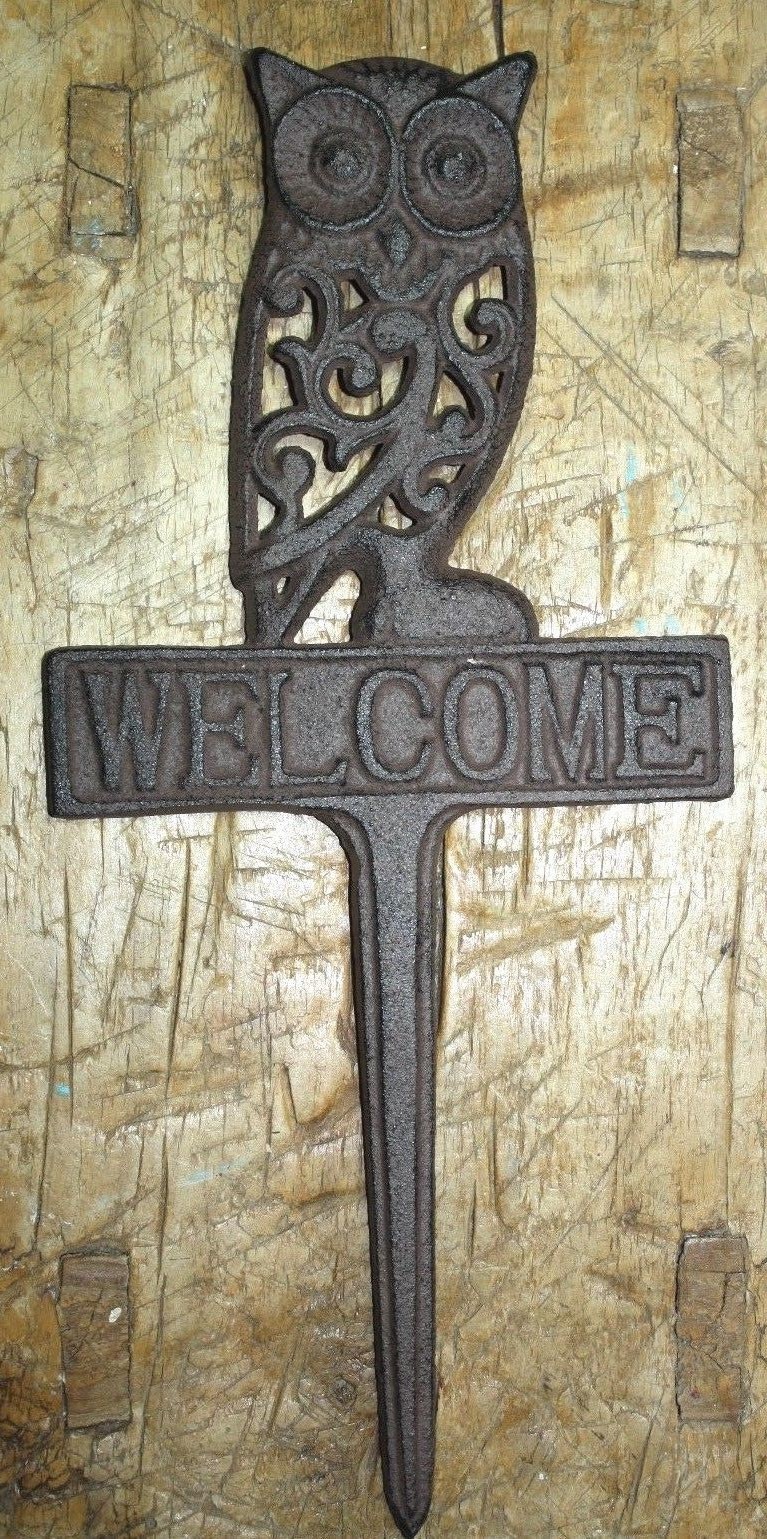 Rustic Cast Iron OWL WELCOME Sign Garden Stake Home Decor Pond Plaque Man Cave