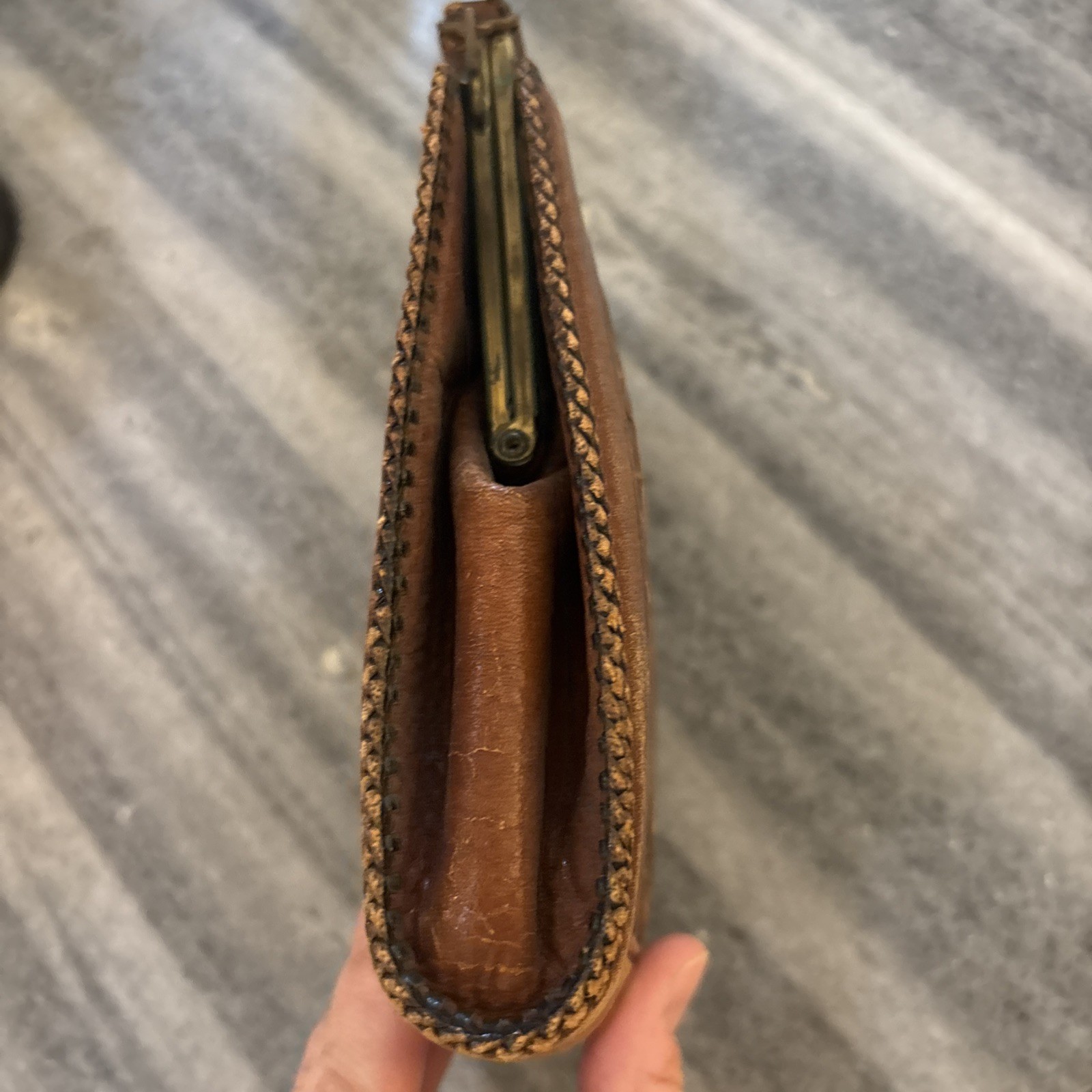 Antique TOOLED LEATHER PURSE Art Nouveau Stylized Lily Suede Inside