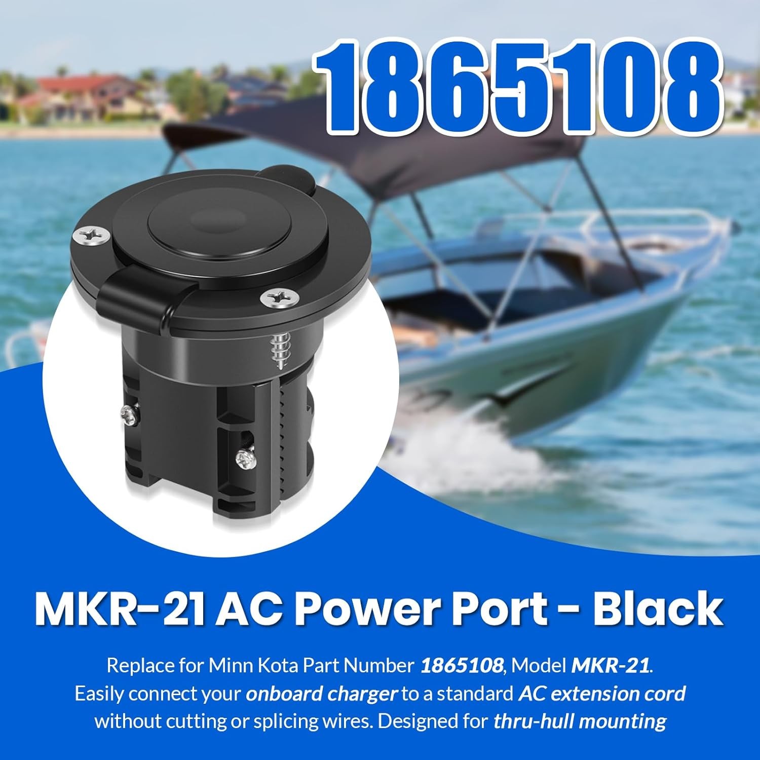 1865108 MKR-21 AC Power Port for Minn Kota Onboard Chargers, w/Cover, Black
