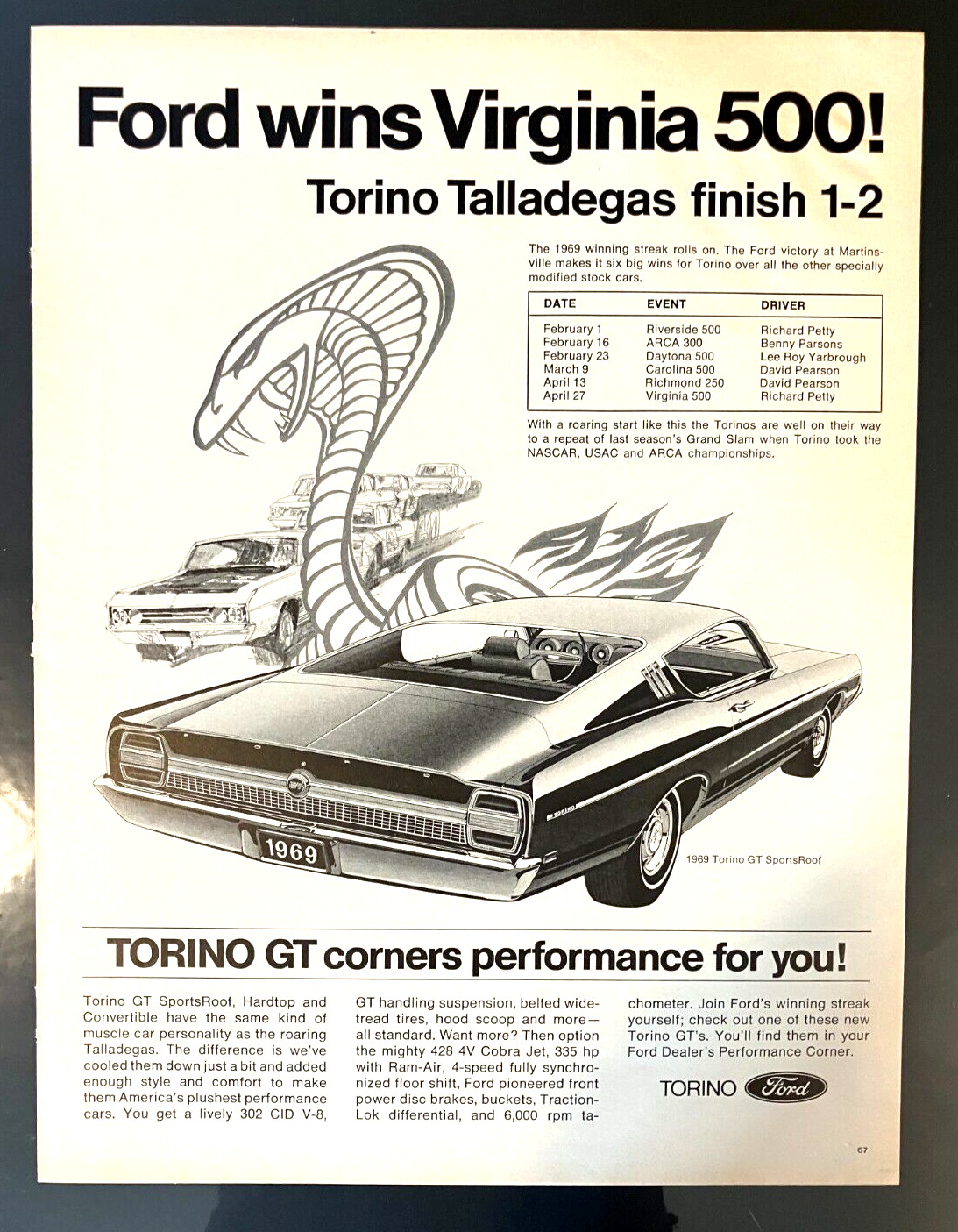 READY to DISPLAY*1969 Ford Torino Talladega Cobra Martinsville*Original*ad c