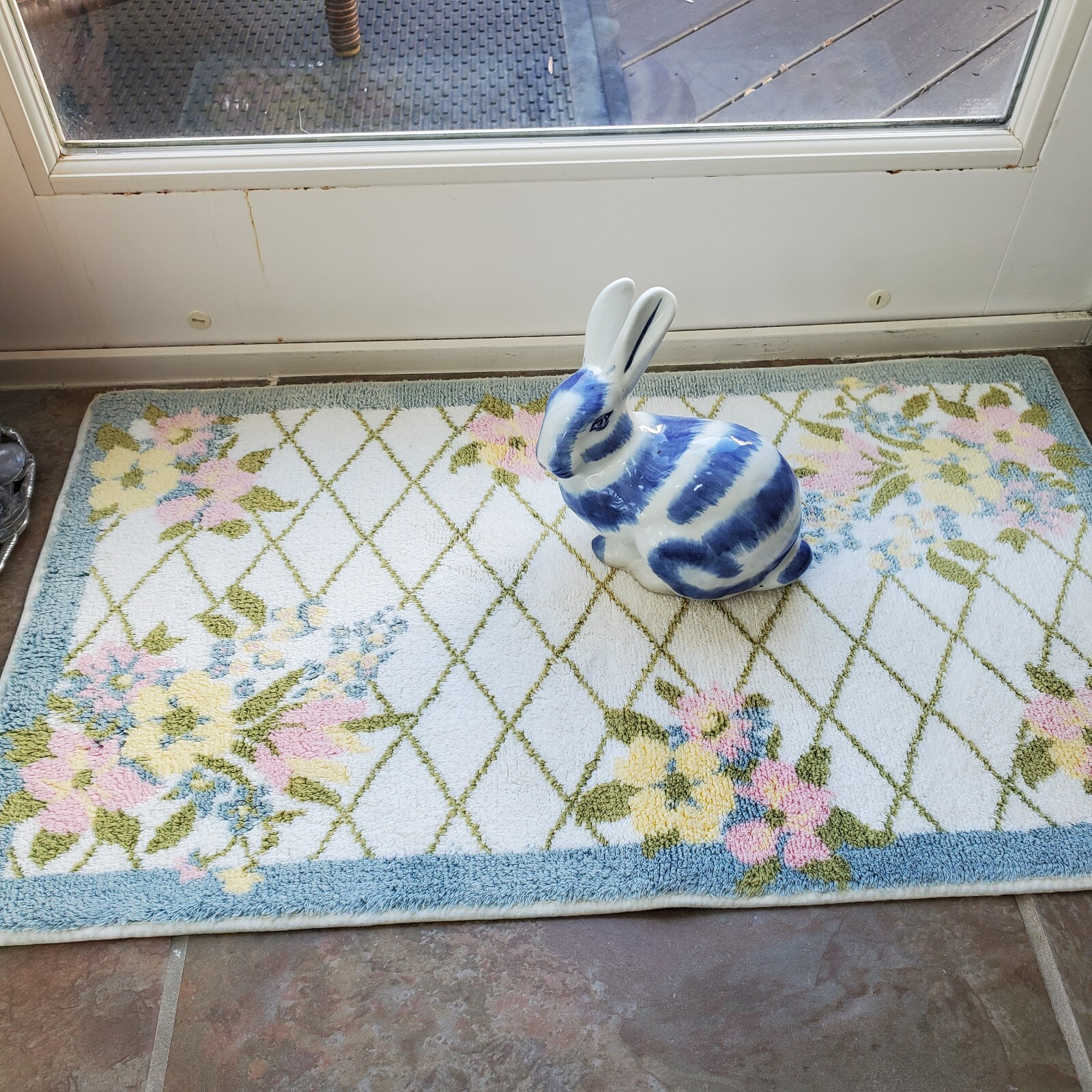 Longaberger Bath Mat Rug Pastel Trellis Pattern Blue Pink Cream White 18.5"x31"