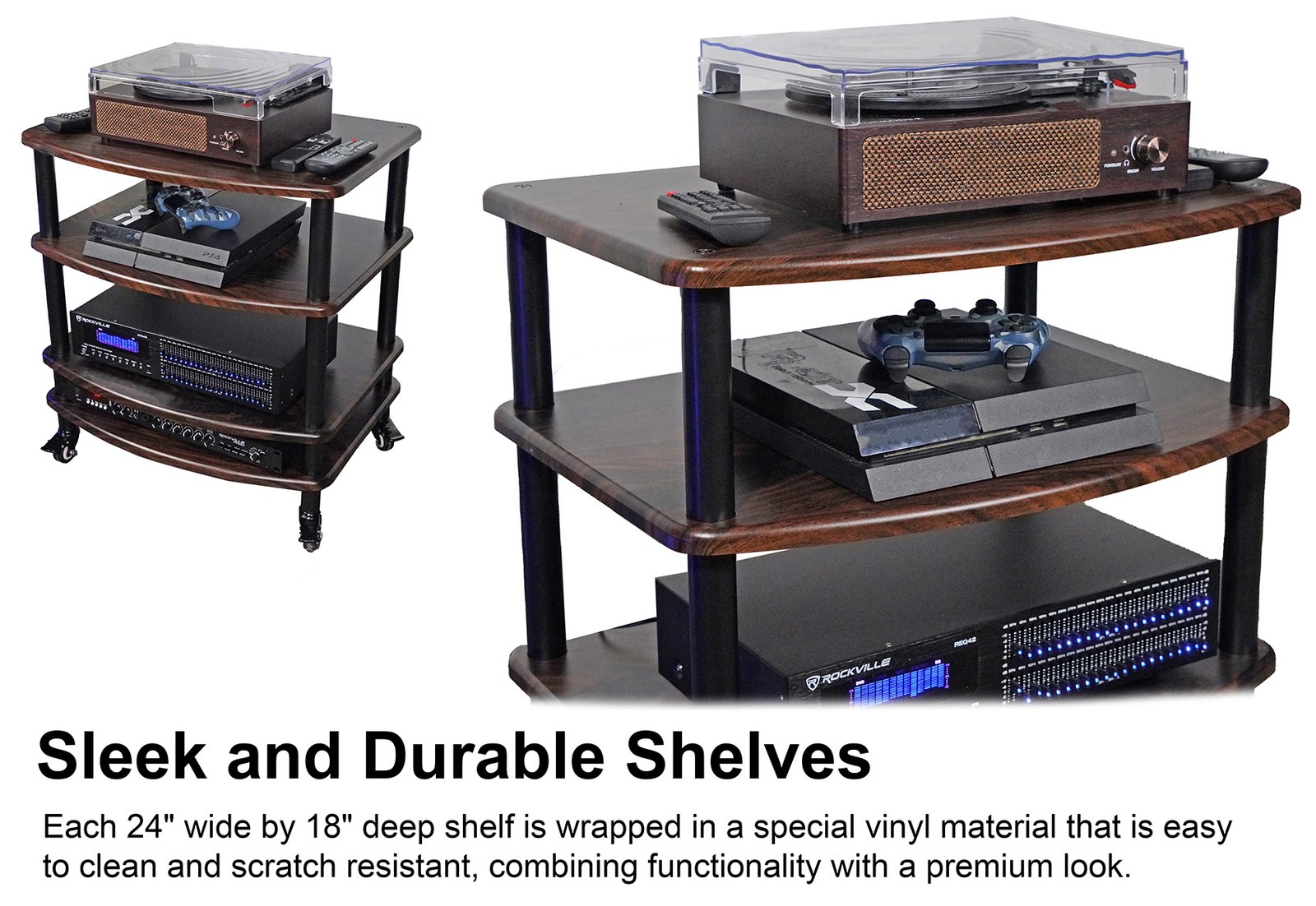 Rockville FLX Dark Wood Adjustable Height 4 Shelf Home Theater Audio Rack Stand