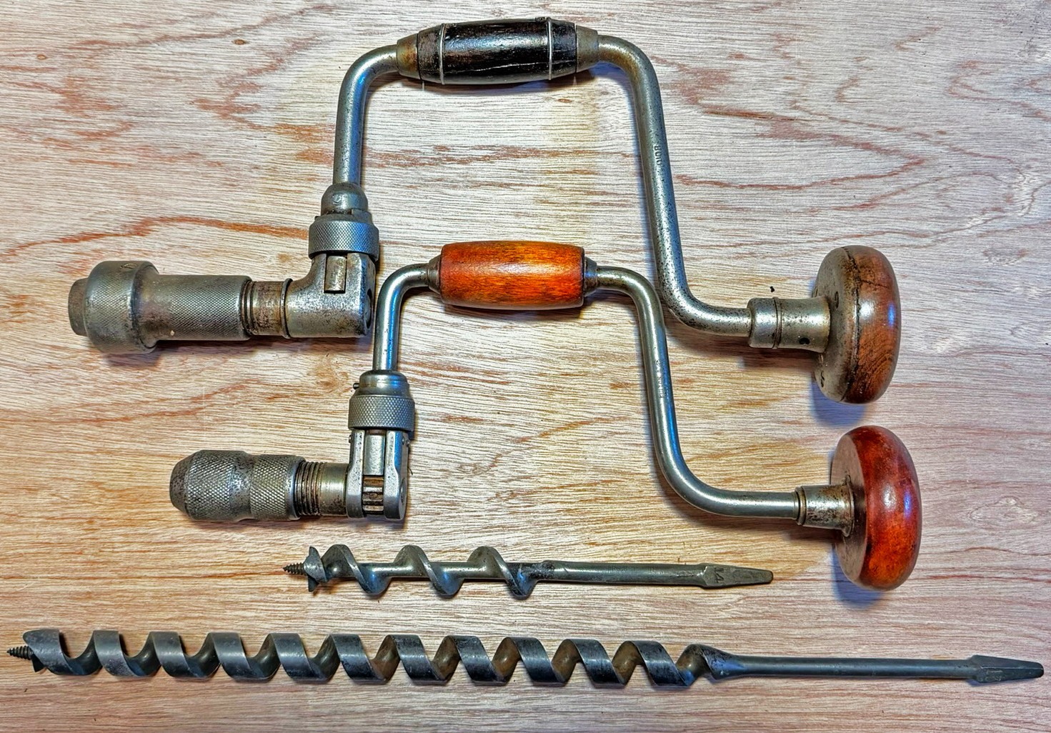 Vintage Bit and Brace drills with two 1-inch auger bits