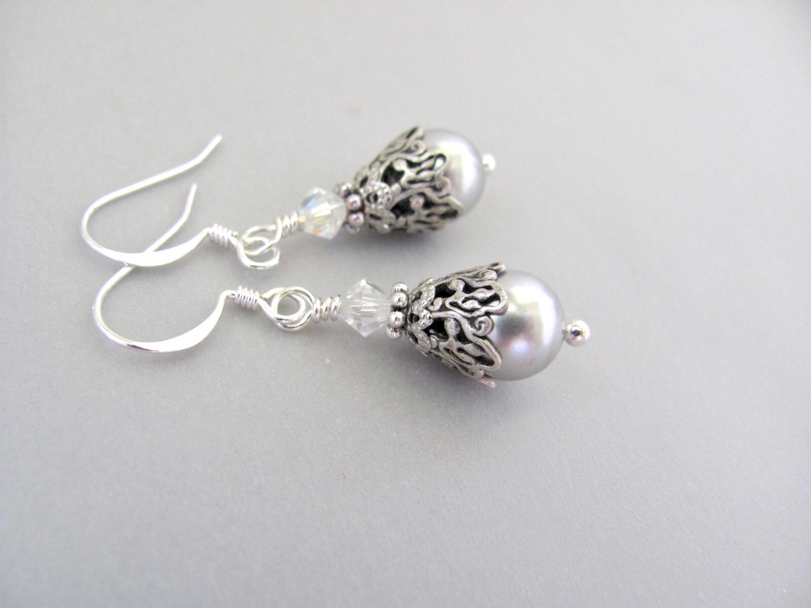 Silver Gray Crystal Pearl Earrings Birthday Wedding Gift Birthday Holiday Party