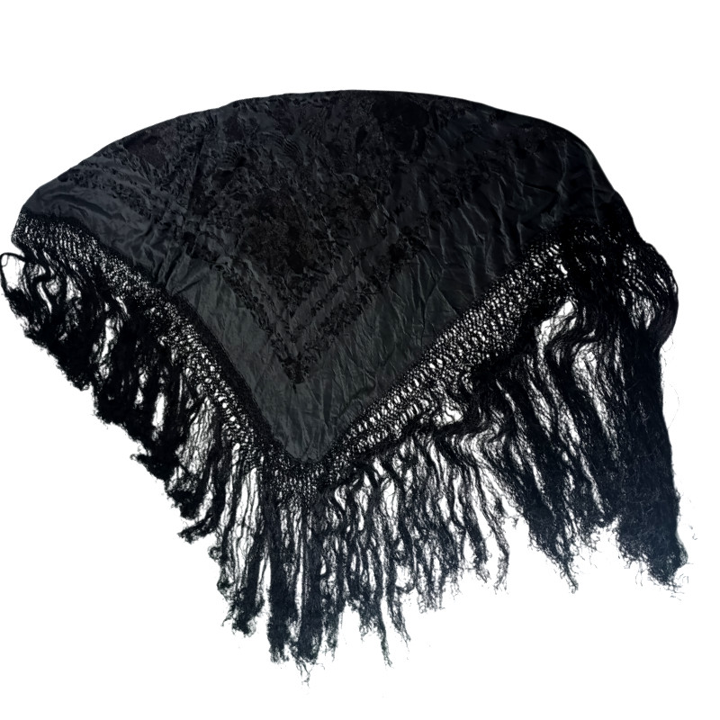 Antique Hand-Embroidered Silk Piano Shawl Wrap Floral Fringe 51" Vintage Luxury