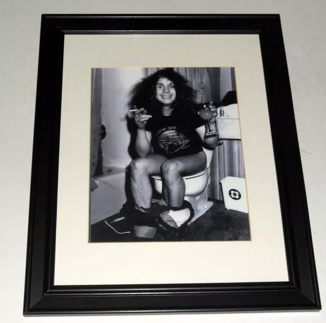 Framed Ozzy Osbourne 1984 Tour b/w on Toilet Beer and Cigarette 1984 14" by 17"