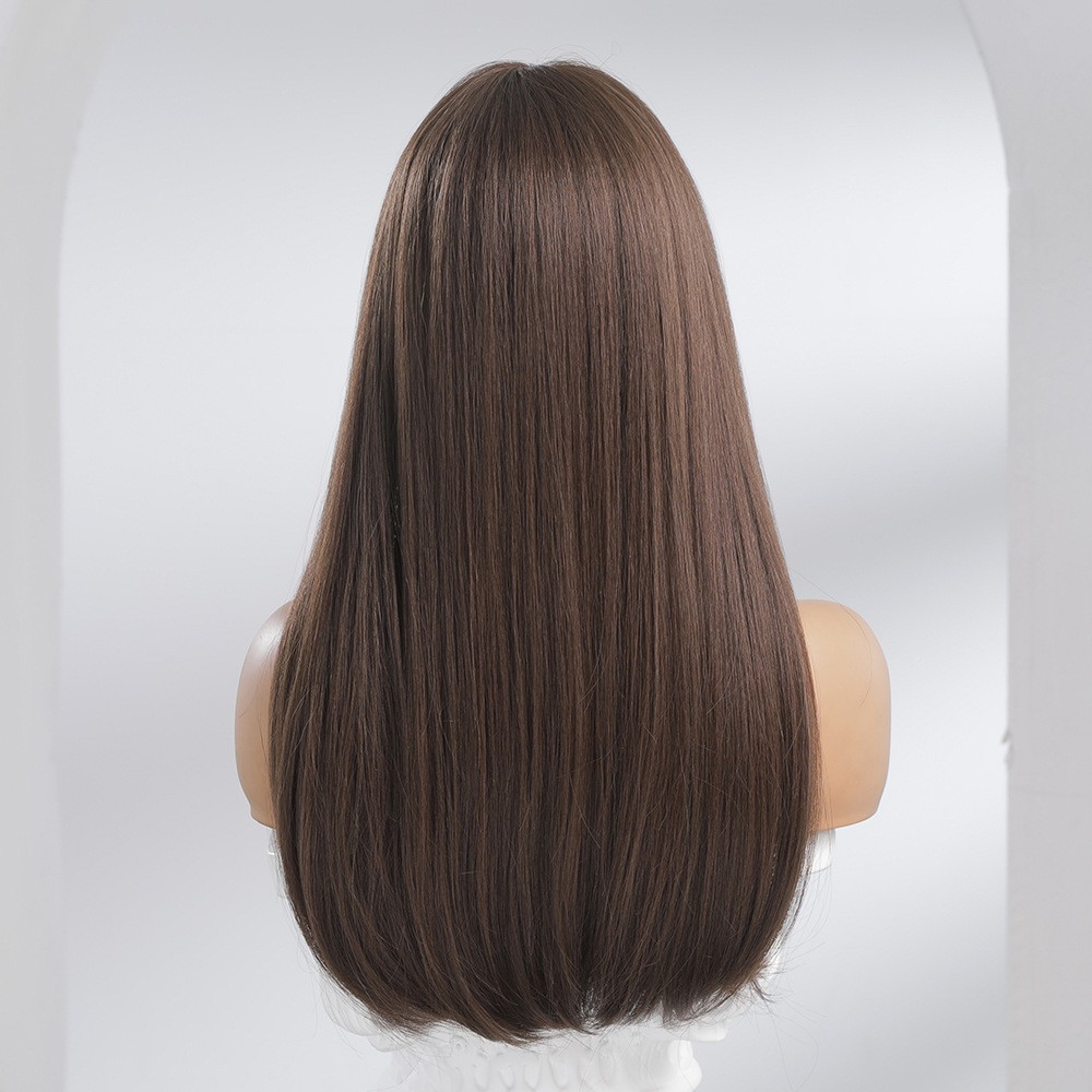 Heat Resistant Synthetic Hair Costume Wig With Bangs Choc Brown Long Straight