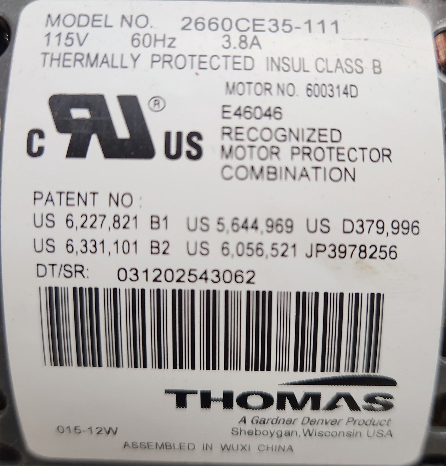 REBUILT THOMAS LARGE POND AERATION AERATOR PUMP 115V 60HZ 3.8A 4.6CFM 45PSI