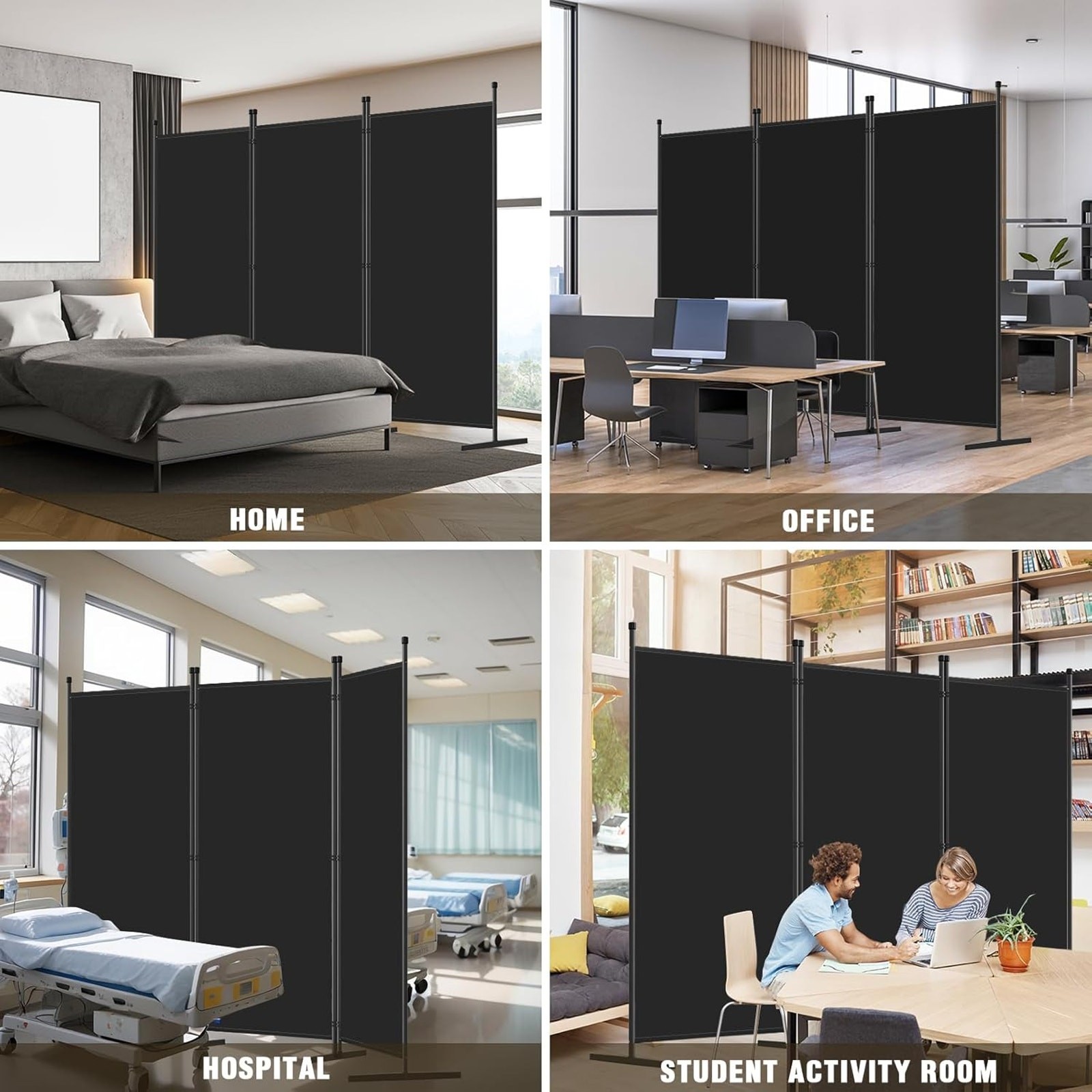 3-Panel Room Divider, Folding Portable Privacy Screen 70"H x 102''L - Black