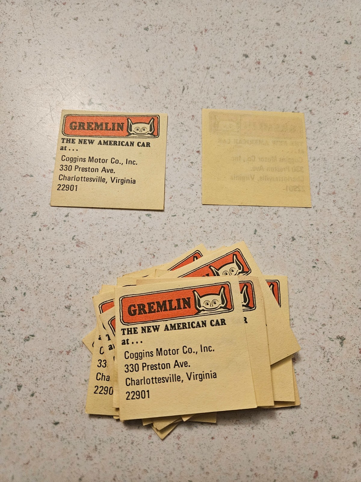Cool vintage 70s 1970 AMC GREMLIN Return Address Label? COGGINS MOTOR CO INC X