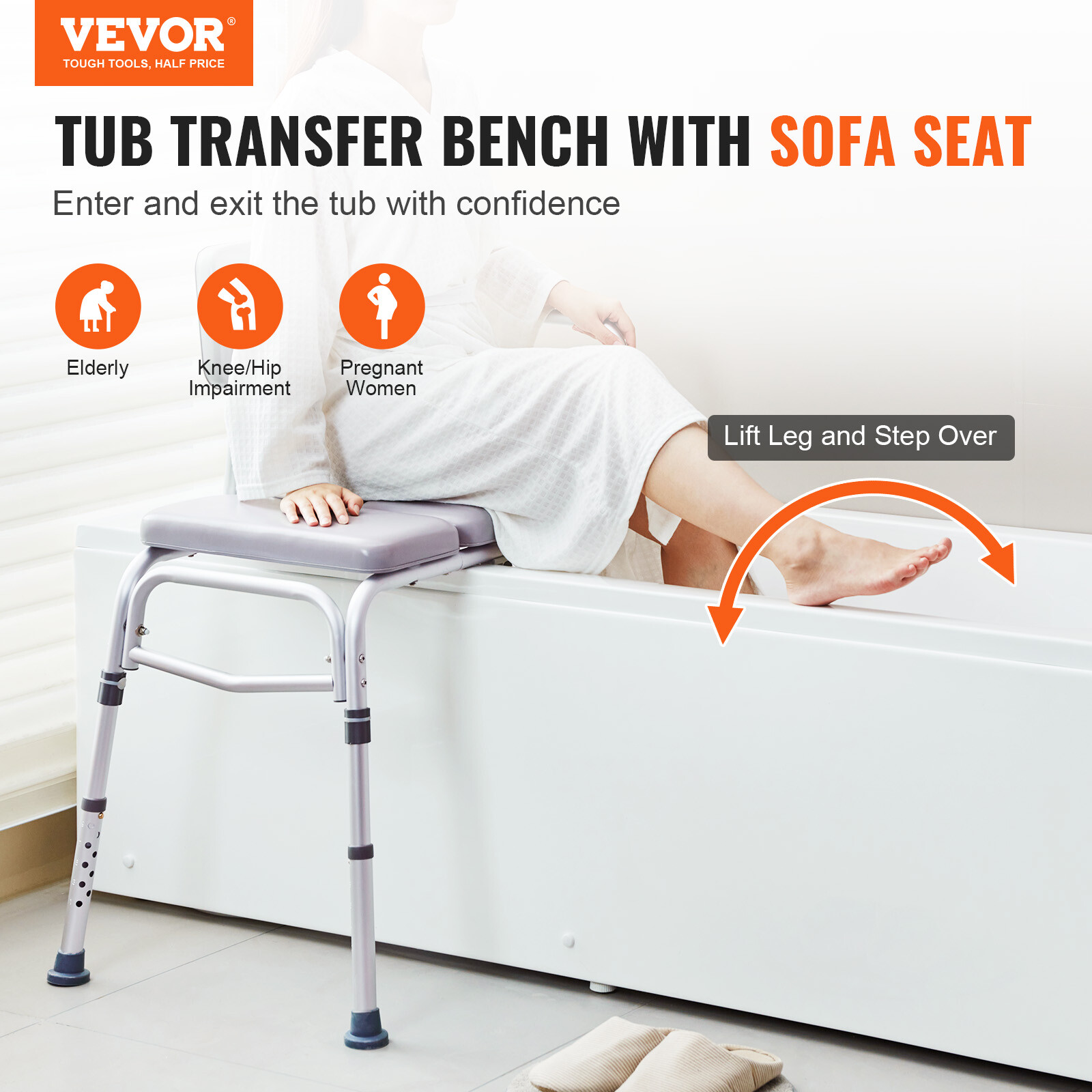 VEVOR Tub Transfer Bench Shower Seat with Reversible Backrest