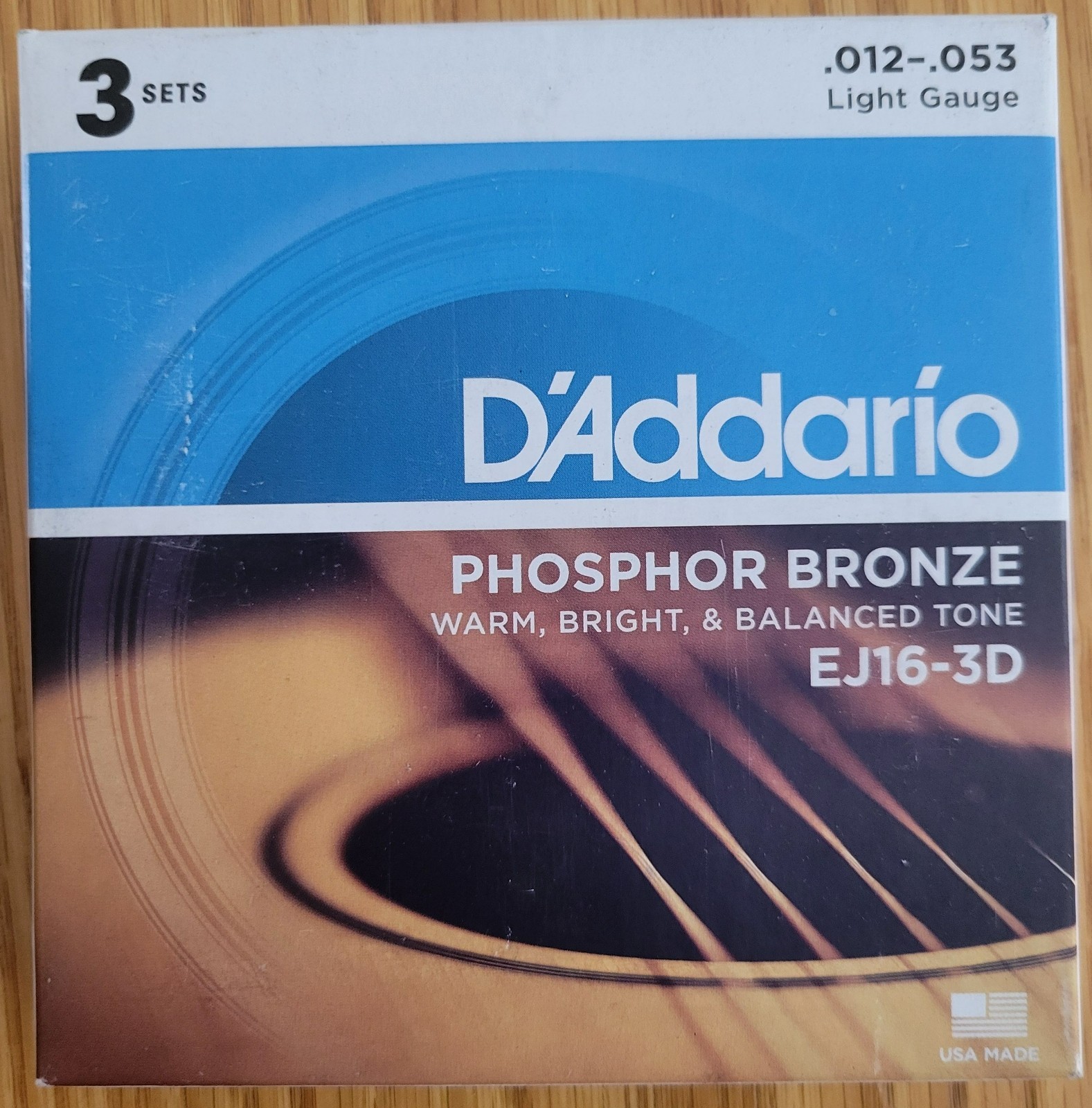 D'Addario's EJ16 Phosphor Bronze Acoustic Guitar Strings in a 3-pack