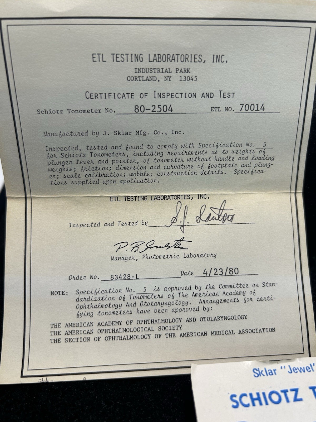 Sklar Schiotz Jewel Tonometer, Complete Set