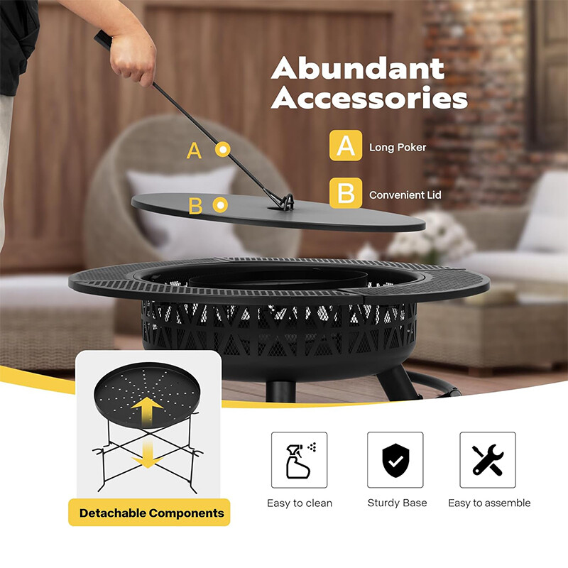 35'' Outdoor Wood Burning Round Fire Pit Barbecue Pit BBQ Backyard Fireplace