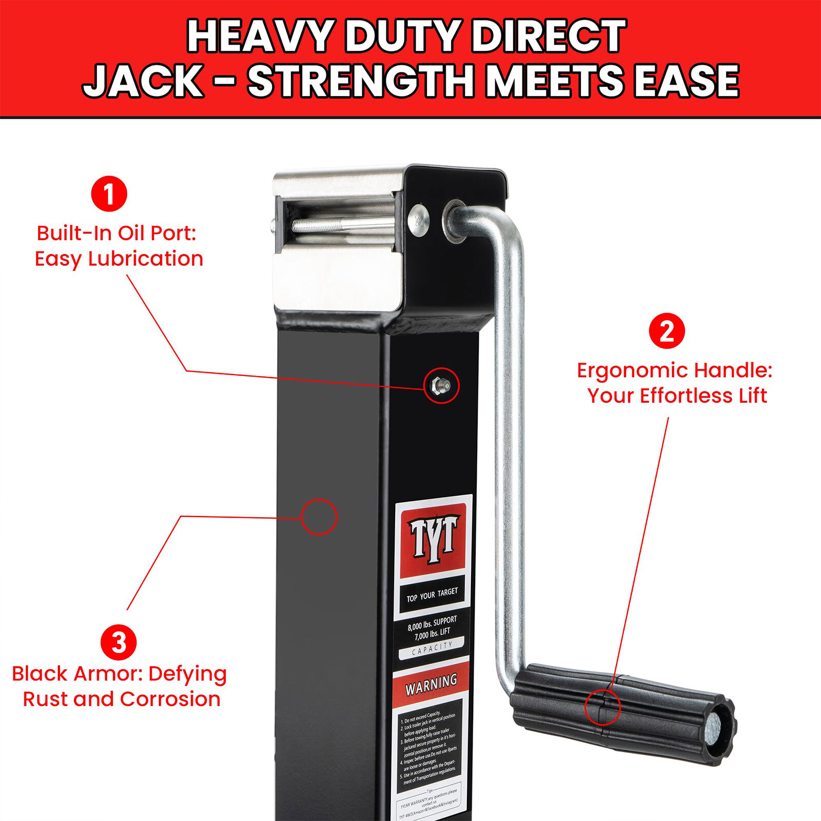 8000 lbs Weld-on Trailer Jack with 15" Lift Side Wind, 13" Adjustable Drop Leg