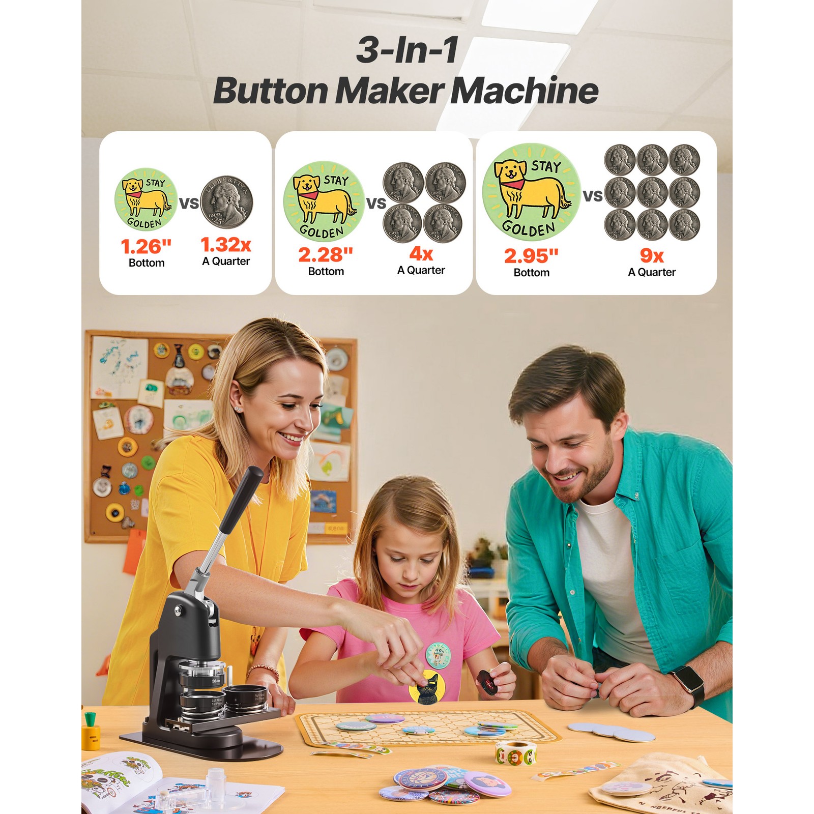 Uimoso 3-in-1 Button Maker Machine with 1.26/2.28/2.95 inch Dies and 300 Pieces