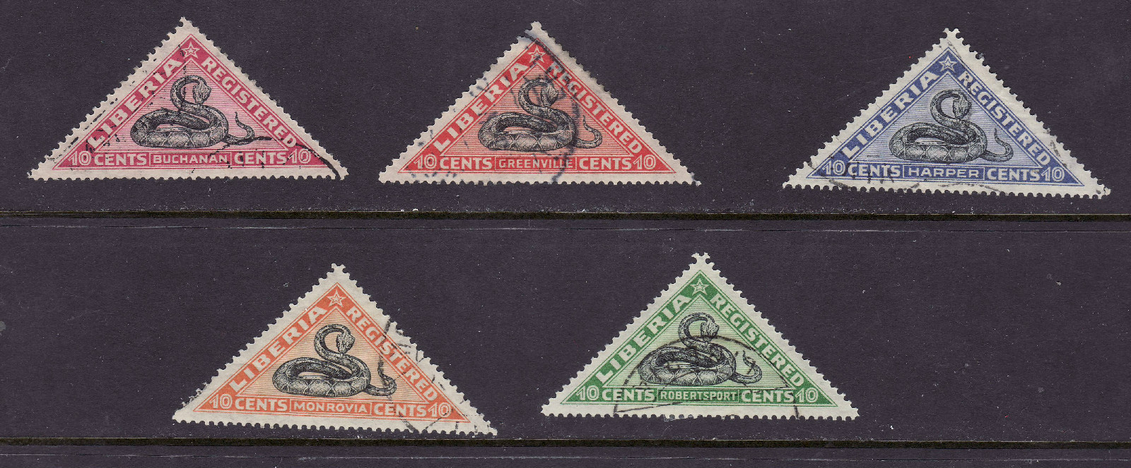 Liberia # F20-24 Complete Set of 1921 Snakes Triangles