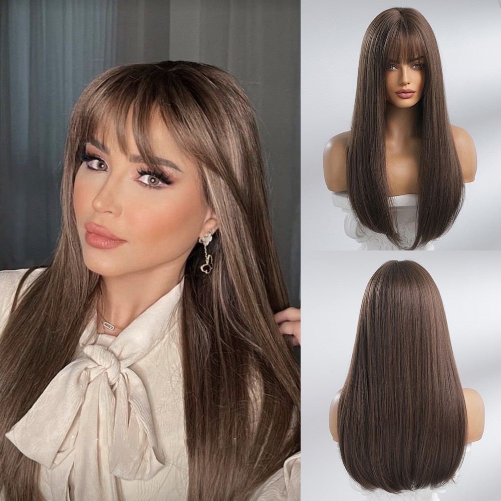 Heat Resistant Synthetic Hair Costume Wig With Bangs Choc Brown Long Straight