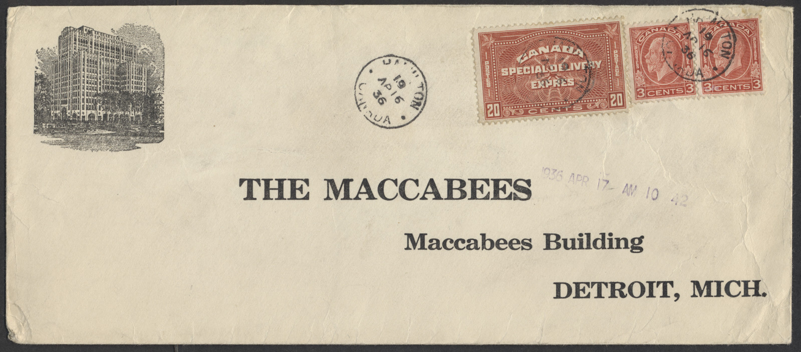 1936 #E5 20c Special Delivery Cover Hamilton to Detroit MI The Maccabees