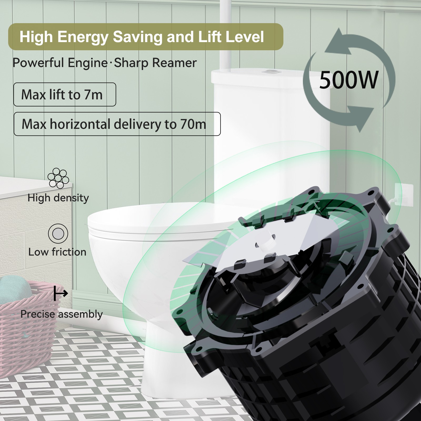 Macerating Toilet System with 500W Pump Upflush Dual Flush Toilet for Basement